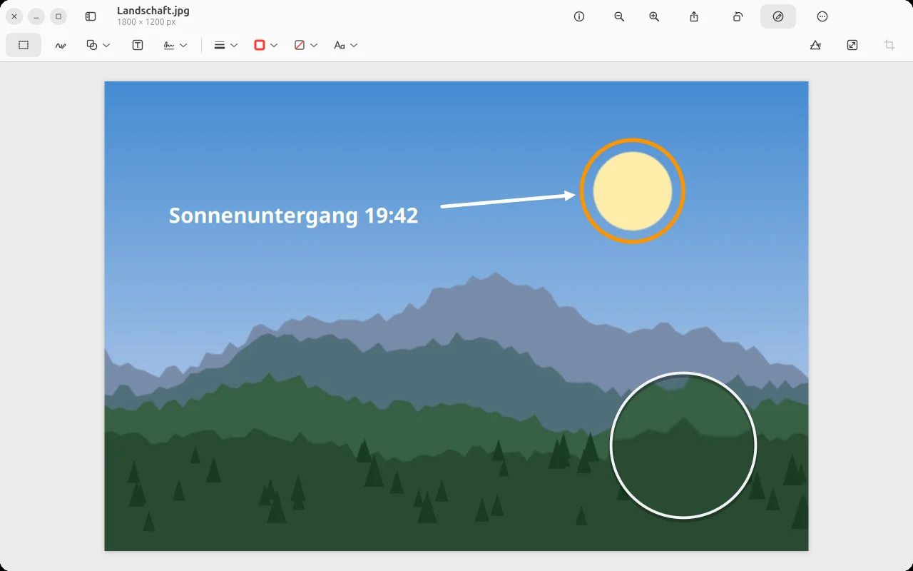 Ein Landschaftsbild mit Lupe, Kreis, Pfeil und Beschriftung