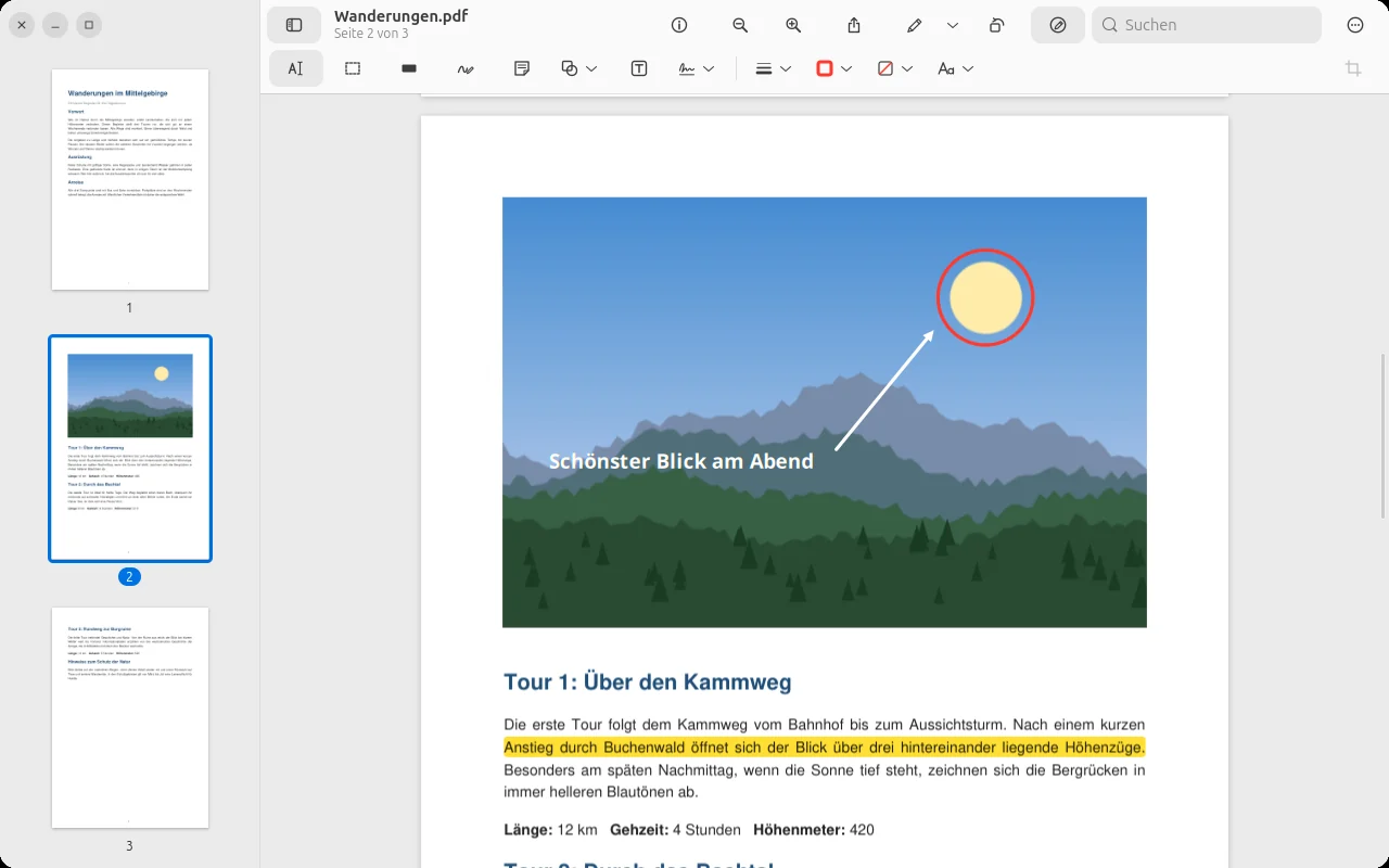Prevux mit eingeblendeter Markierungs-Symbolleiste: ein PDF mit Textmarker, Kreis, Pfeil und Text