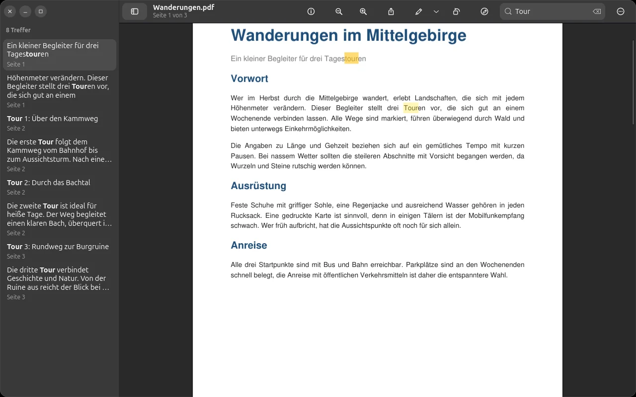 Suche mit Trefferliste in der Seitenleiste im dunklen Erscheinungsbild